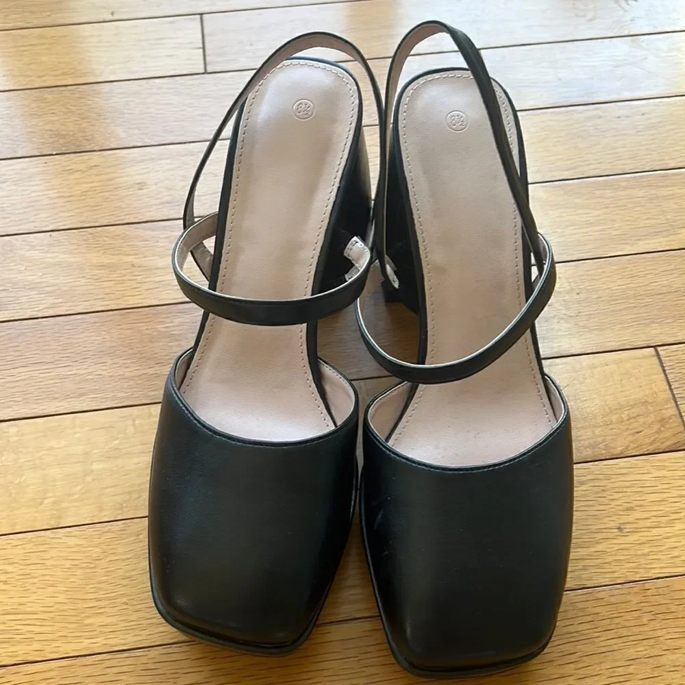 Women's Chunky Mary Jane Black Platform Block Slingback Pumps Y2K Shoes Sz 8.5